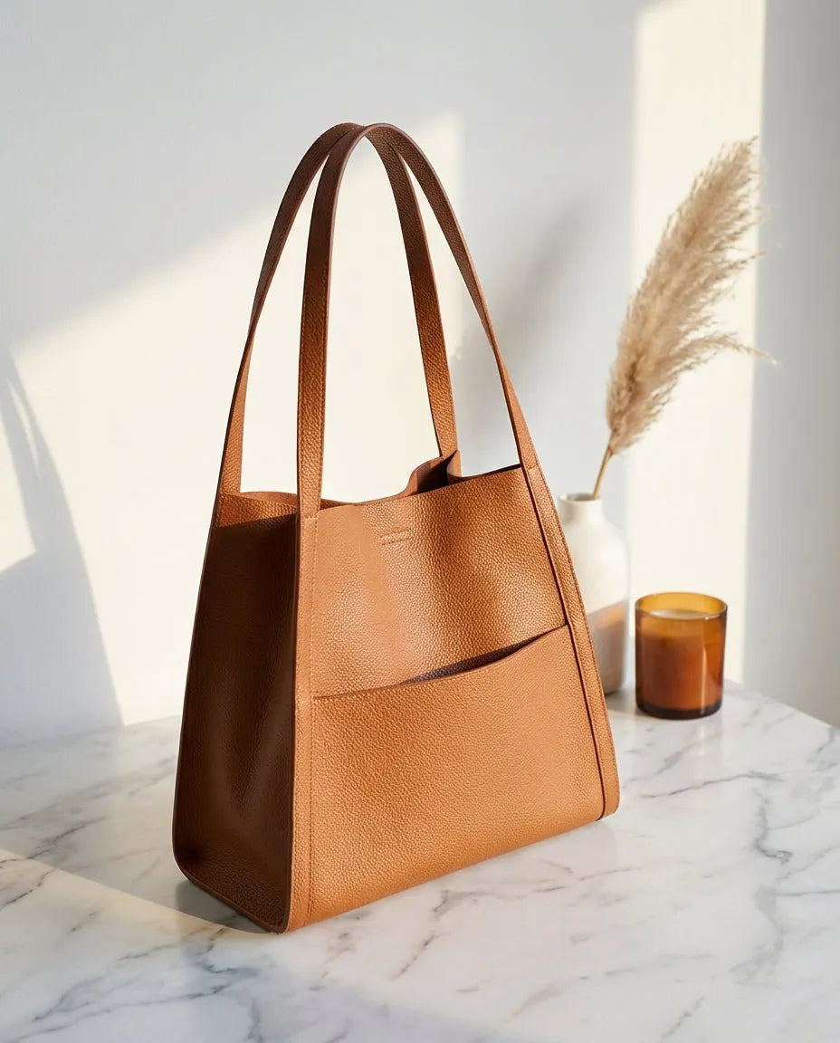 Women's Full-Grain Leather Tote Bag with Shoulder Straps