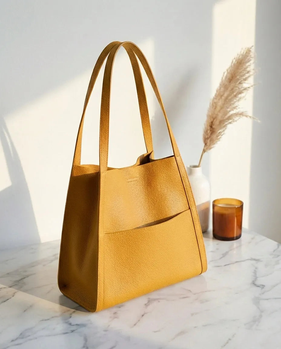 Women's Full-Grain Leather Tote Bag with Shoulder Straps