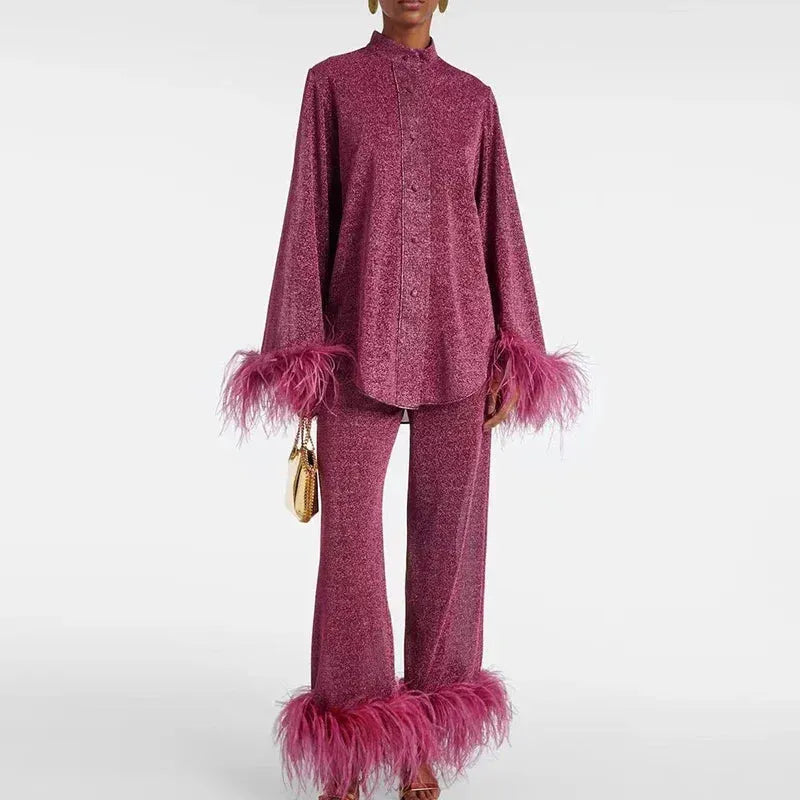 Women's Glitter Two-Piece Outfit Set with Feather Trim