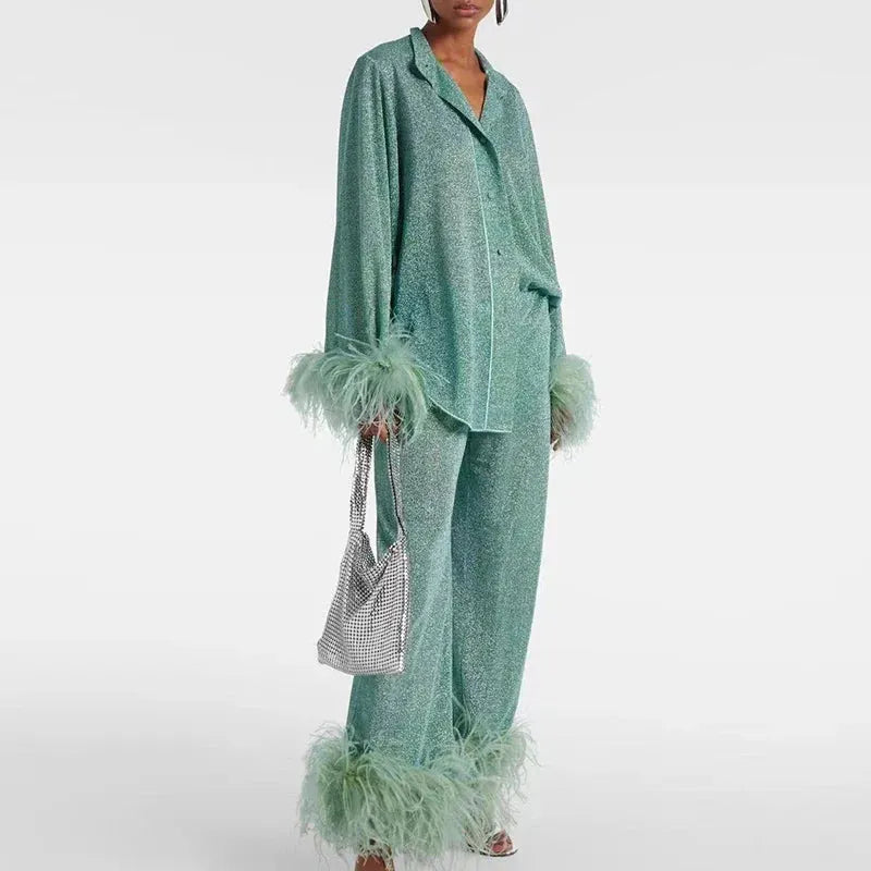 Women's Glitter Two-Piece Outfit Set with Feather Trim