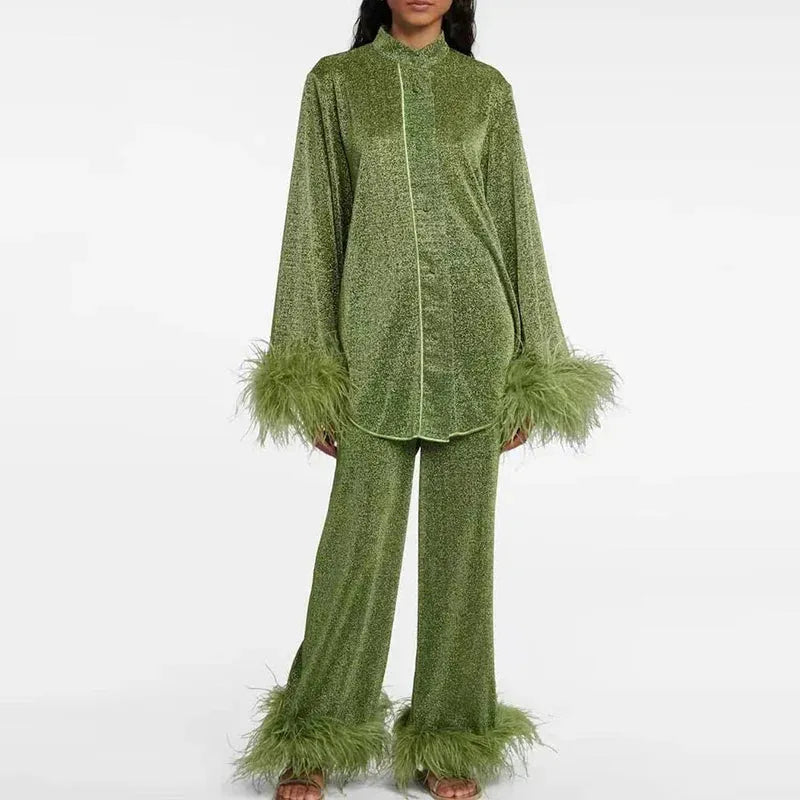 Women's Glitter Two-Piece Outfit Set with Feather Trim