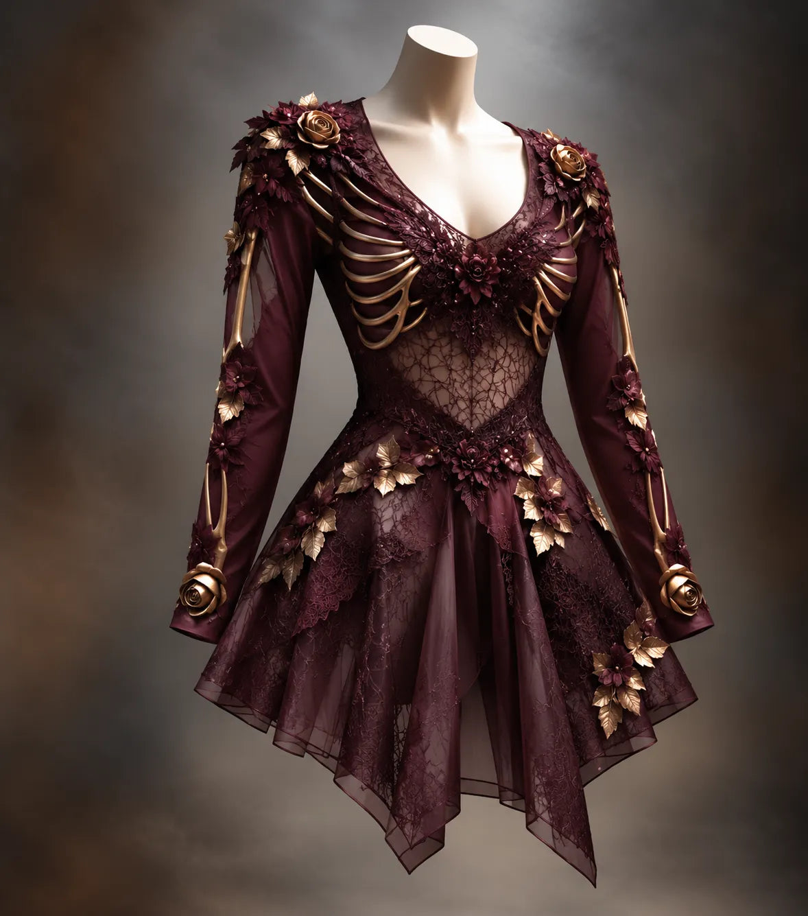 Women's Gothic Long Sleeve V-Neck Mini Dress with Bone Detail