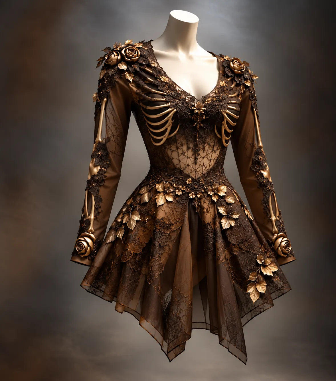 Women's Gothic Long Sleeve V-Neck Mini Dress with Bone Detail