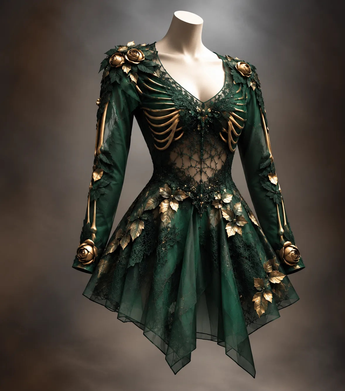 Women's Gothic Long Sleeve V-Neck Mini Dress with Bone Detail