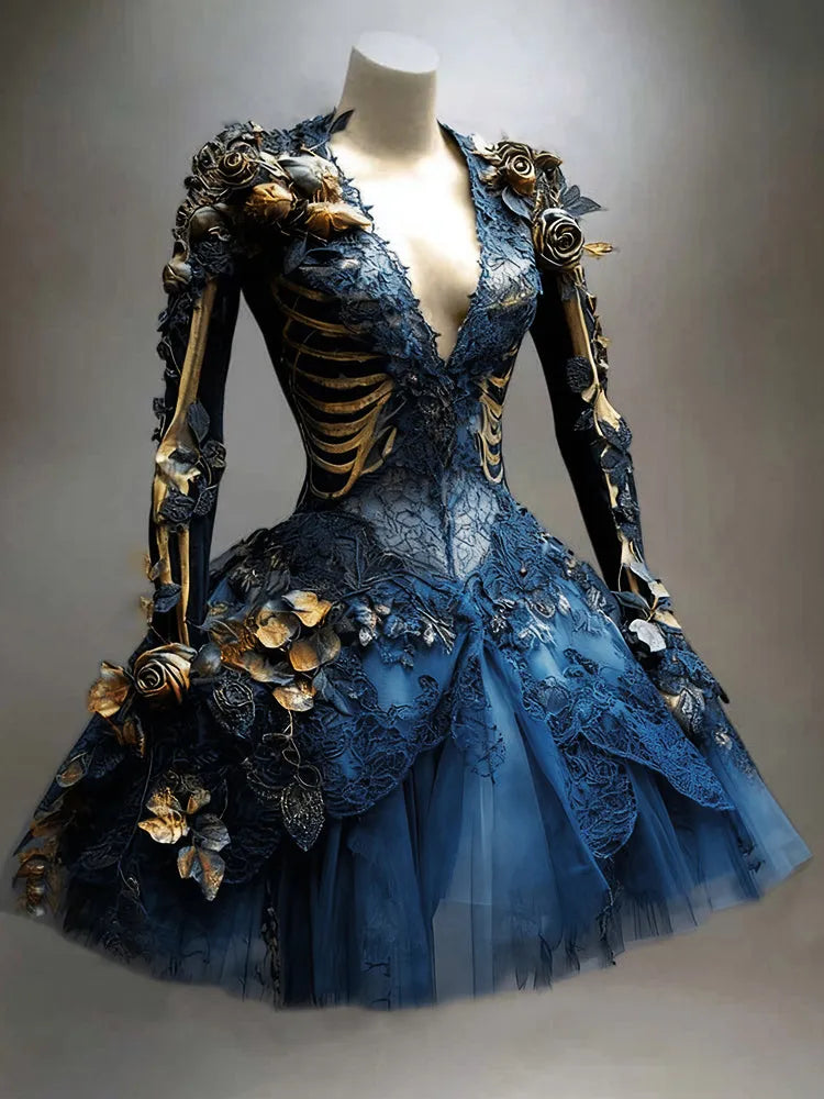 Women's Gothic Skeleton Long-Sleeve Mini Dress