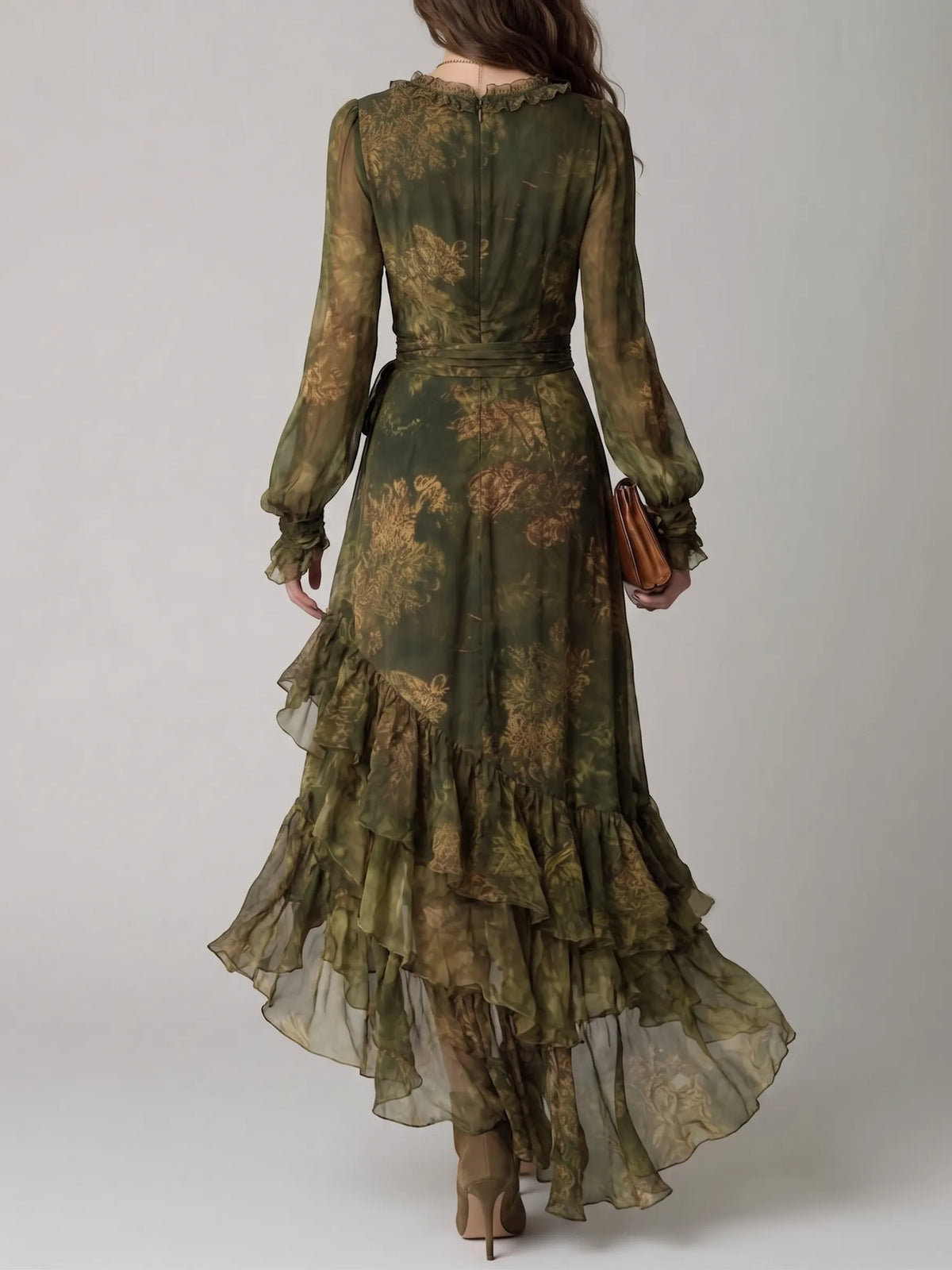 Women's Green Floral Print V-Neck Long-Sleeve Wrap Maxi Dress