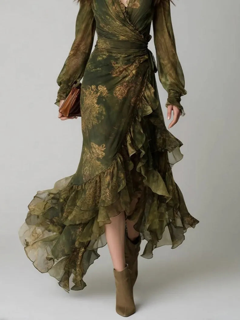 Women's Green Floral Print V-Neck Long-Sleeve Wrap Maxi Dress