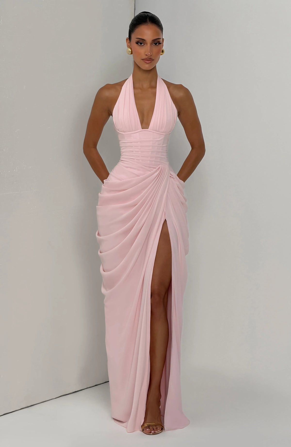 Women's Halter Neck Chiffon Maxi Dress with Slit