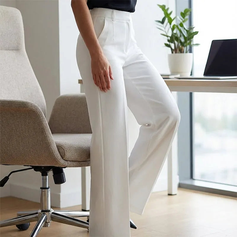Women's High Waisted Elegant Straight Leg Trousers with Front Pleats