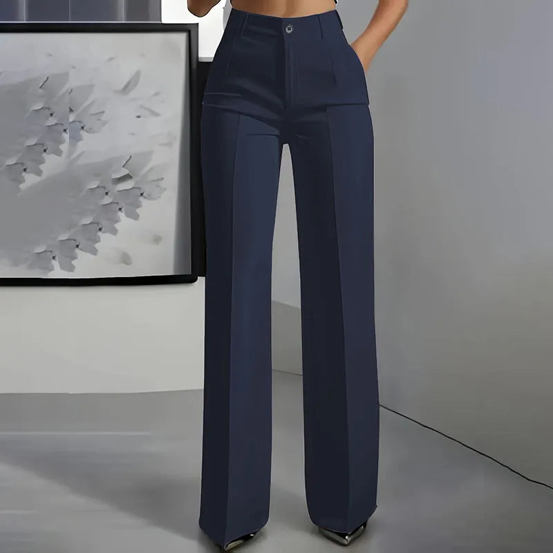 Women's High Waisted Elegant Straight Leg Trousers with Front Pleats