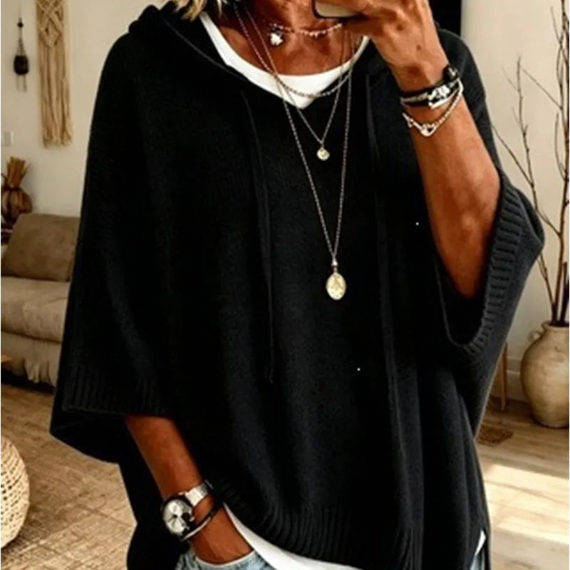 Women's Knit Hooded Sweater with Drawstring Details