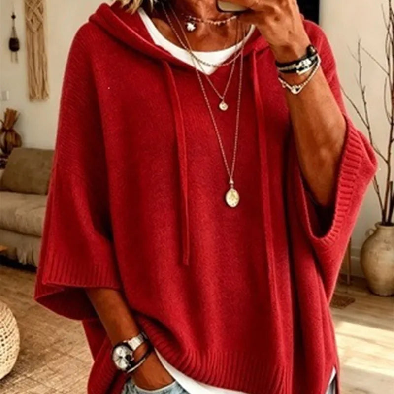 Women's Knit Hooded Sweater with Drawstring Details