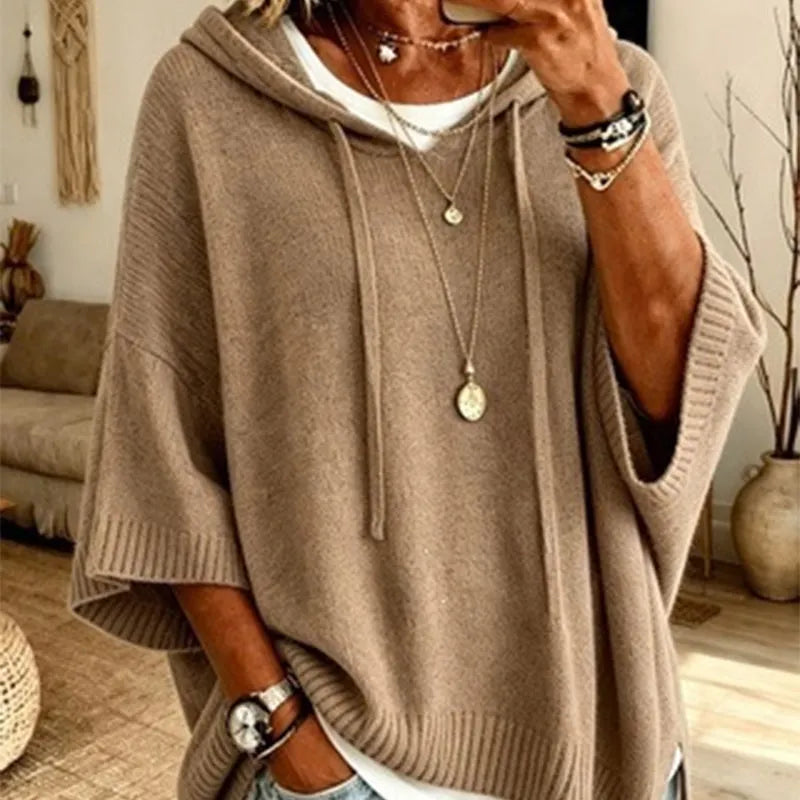 Women's Knit Hooded Sweater with Drawstring Details