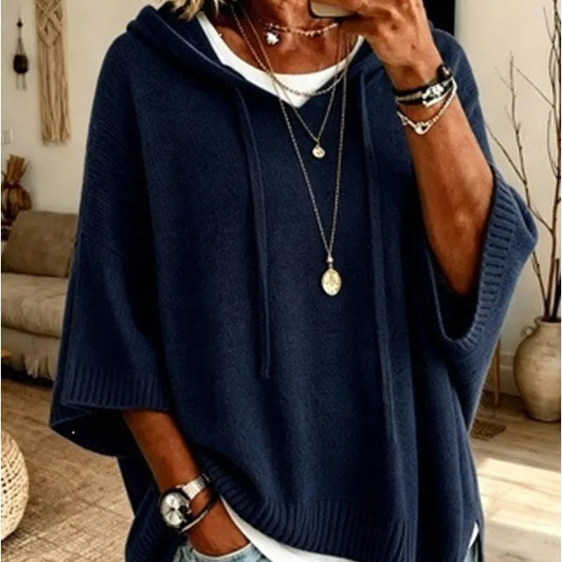 Women's Knit Hooded Sweater with Drawstring Details
