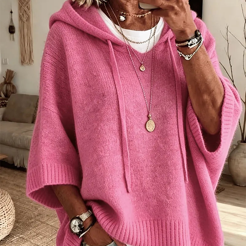 Women's Knit Hooded Sweater with Drawstring Details