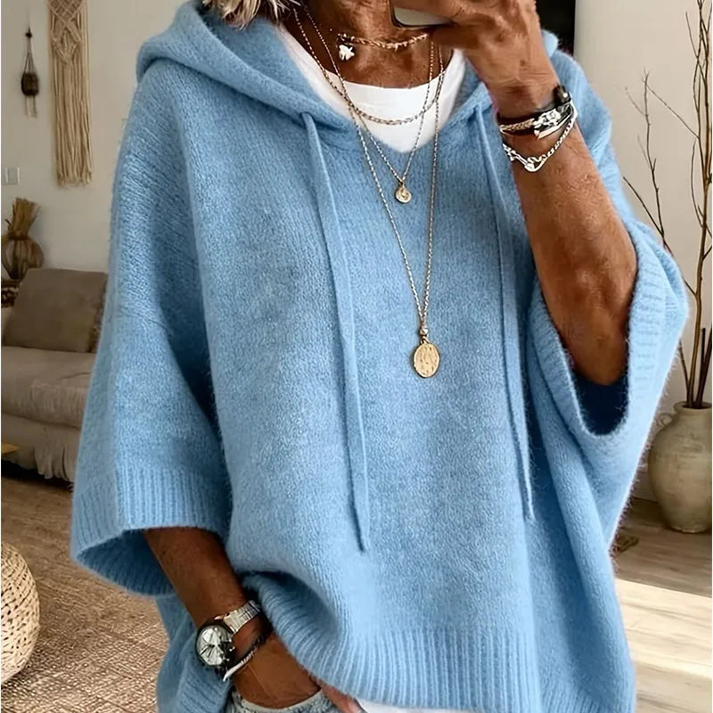Women's Knit Hooded Sweater with Drawstring Details