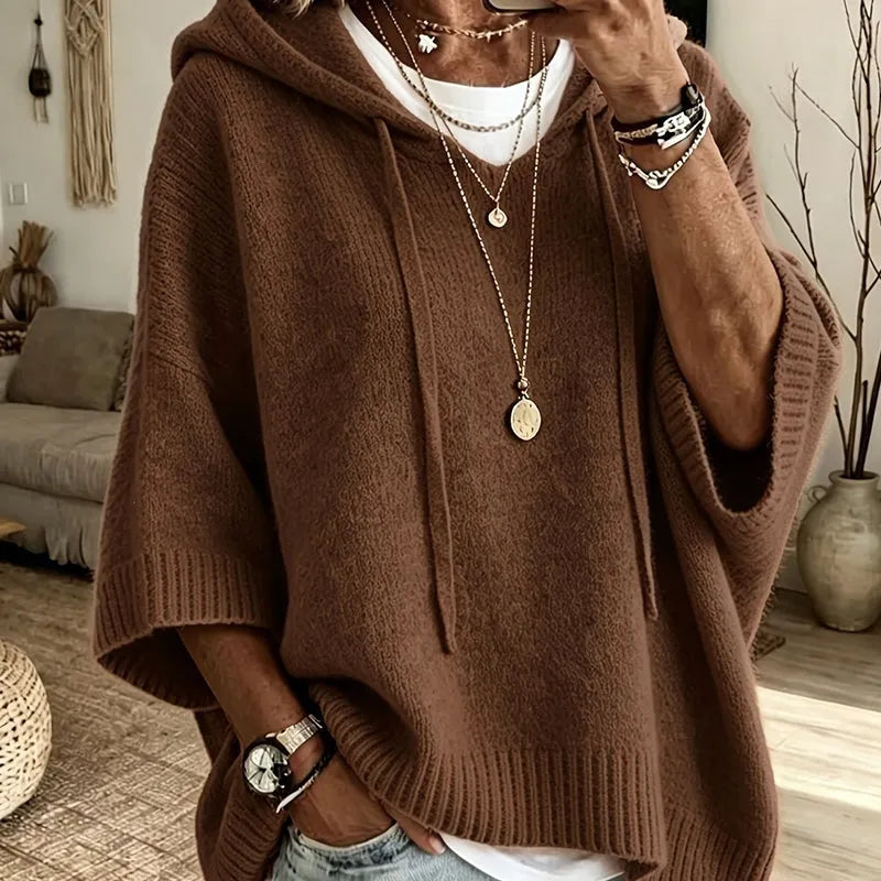 Women's Knit Hooded Sweater with Drawstring Details