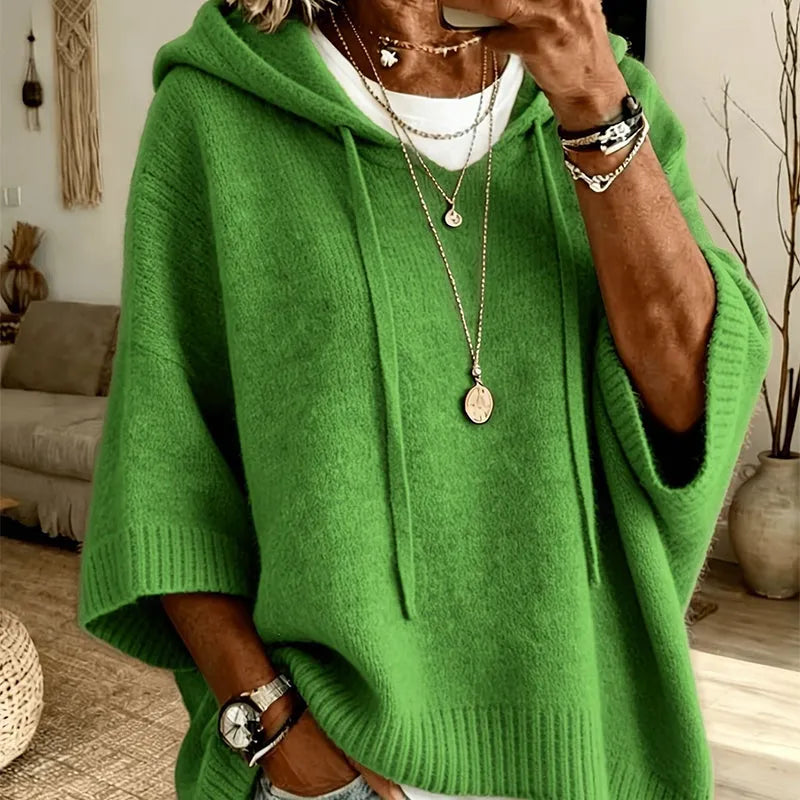 Women's Knit Hooded Sweater with Drawstring Details