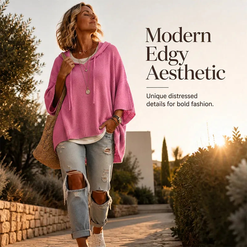 Women's Knit Hooded Sweater with Drawstring Details