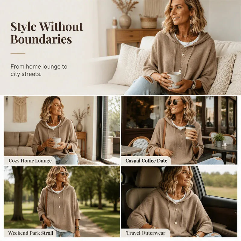 Women's Knit Hooded Sweater with Drawstring Details