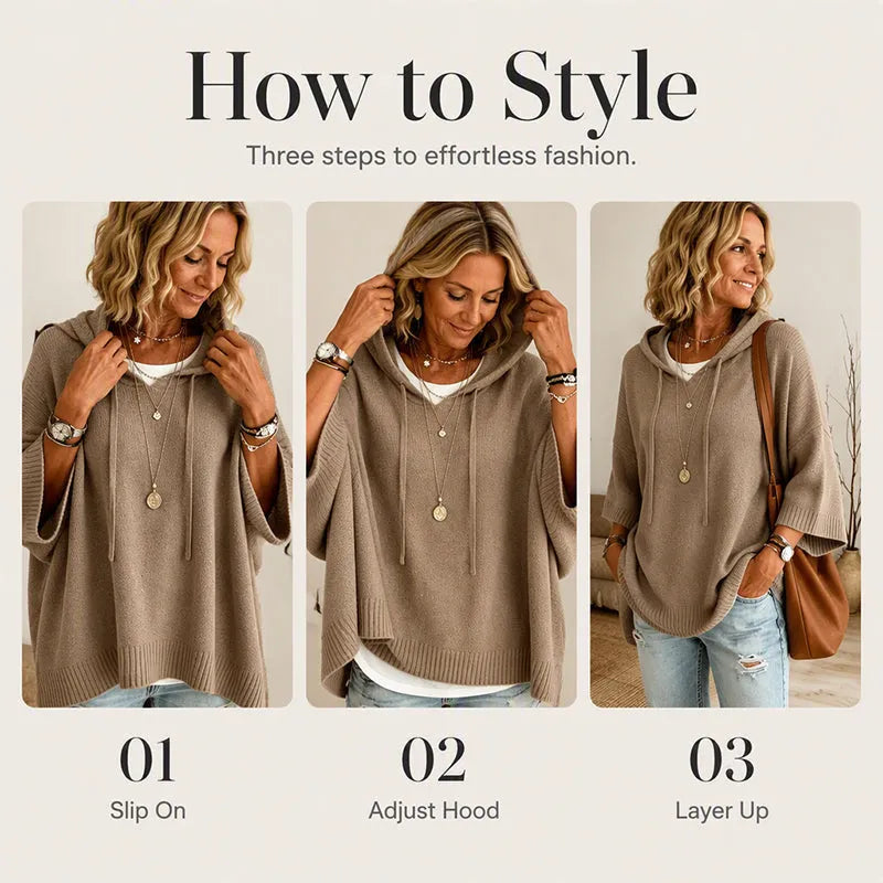 Women's Knit Hooded Sweater with Drawstring Details