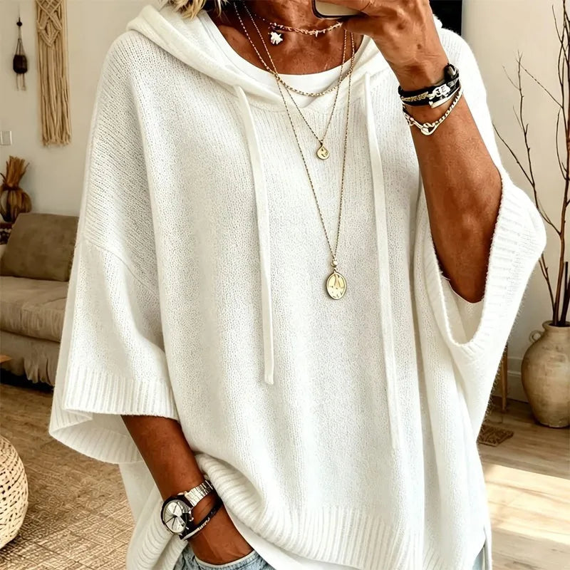 Women's Knit Hooded Sweater with Drawstring Details
