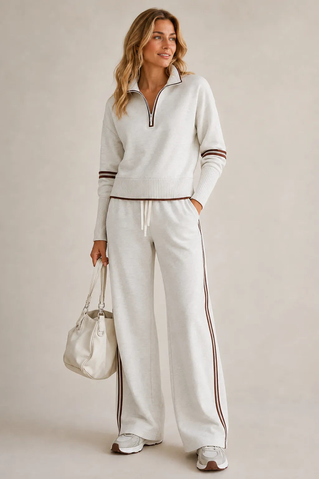 Women's Knit Two-Piece Lounge Set with Quarter-Zip Sweater
