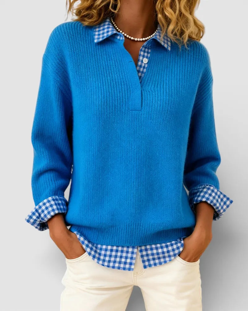 Women's Knit V-Neck Sweater with Plaid Details