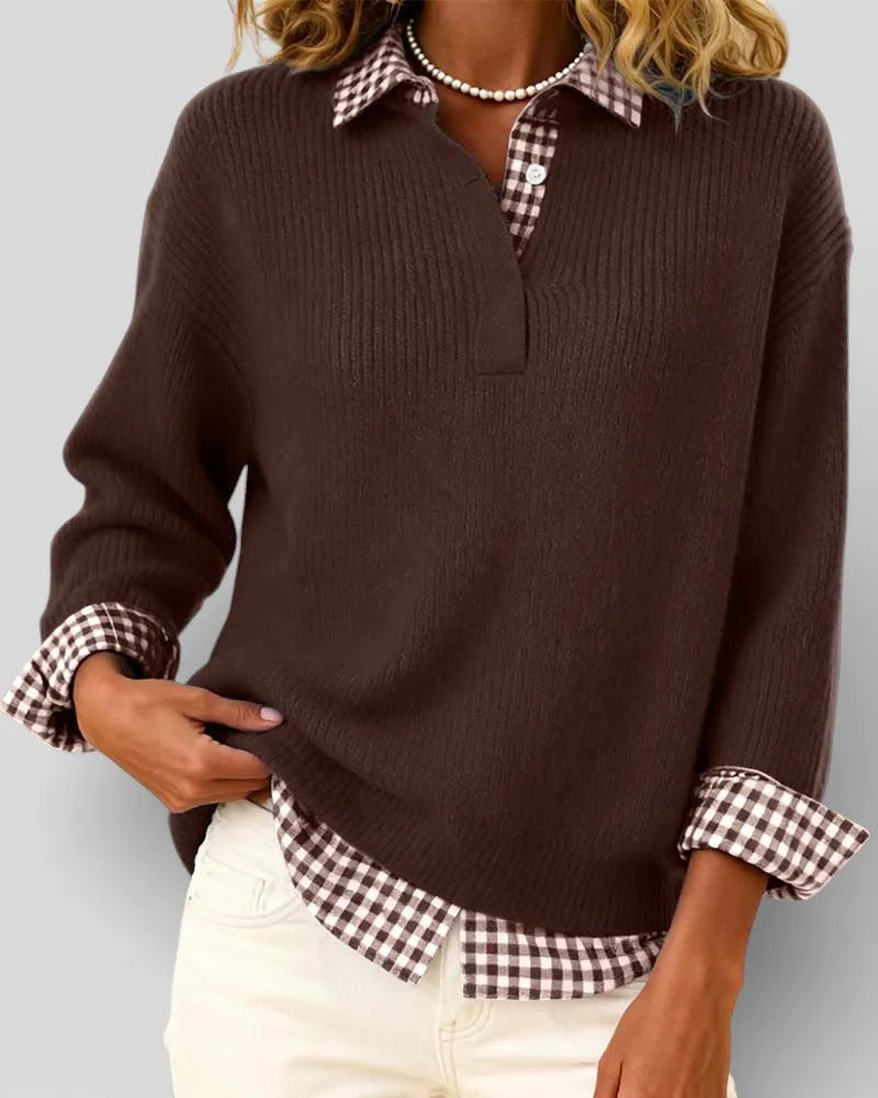 Women's Knit V-Neck Sweater with Plaid Details