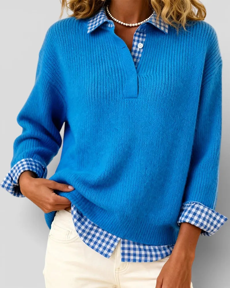 Women's Knit V-Neck Sweater with Plaid Details