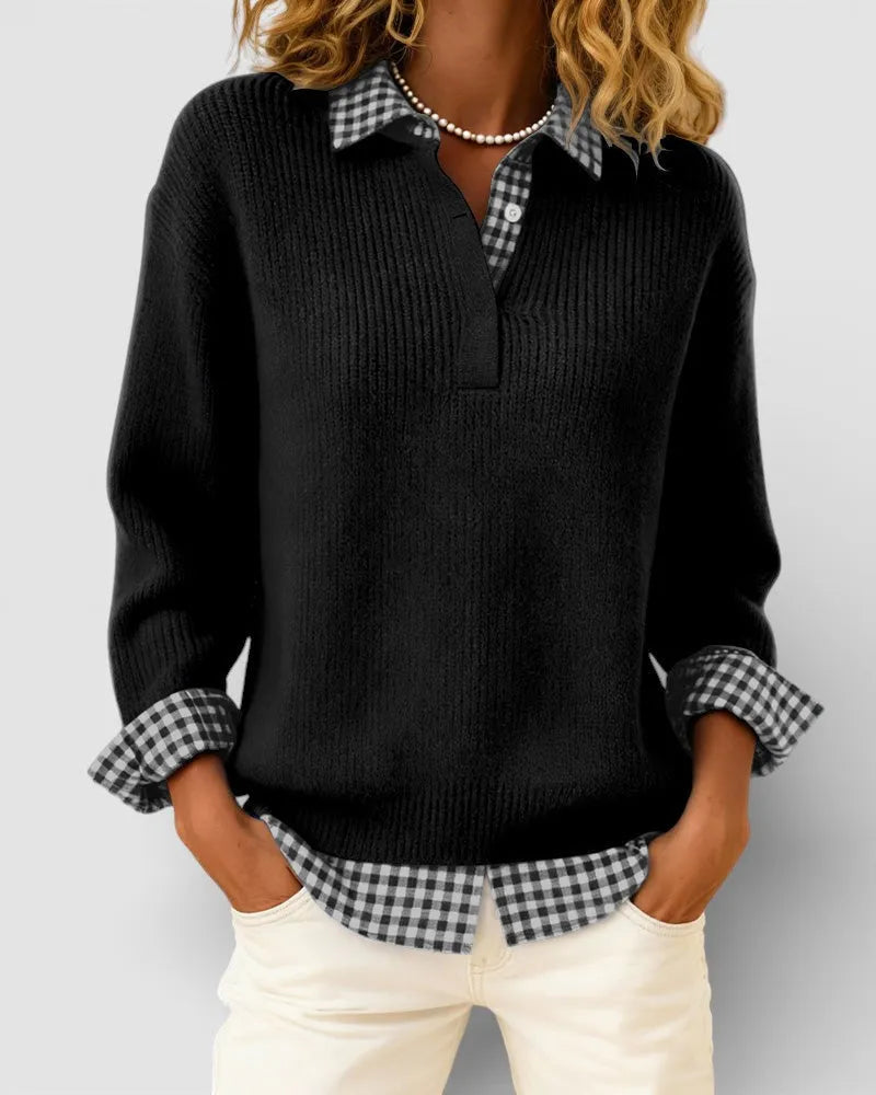 Women's Knit V-Neck Sweater with Plaid Details