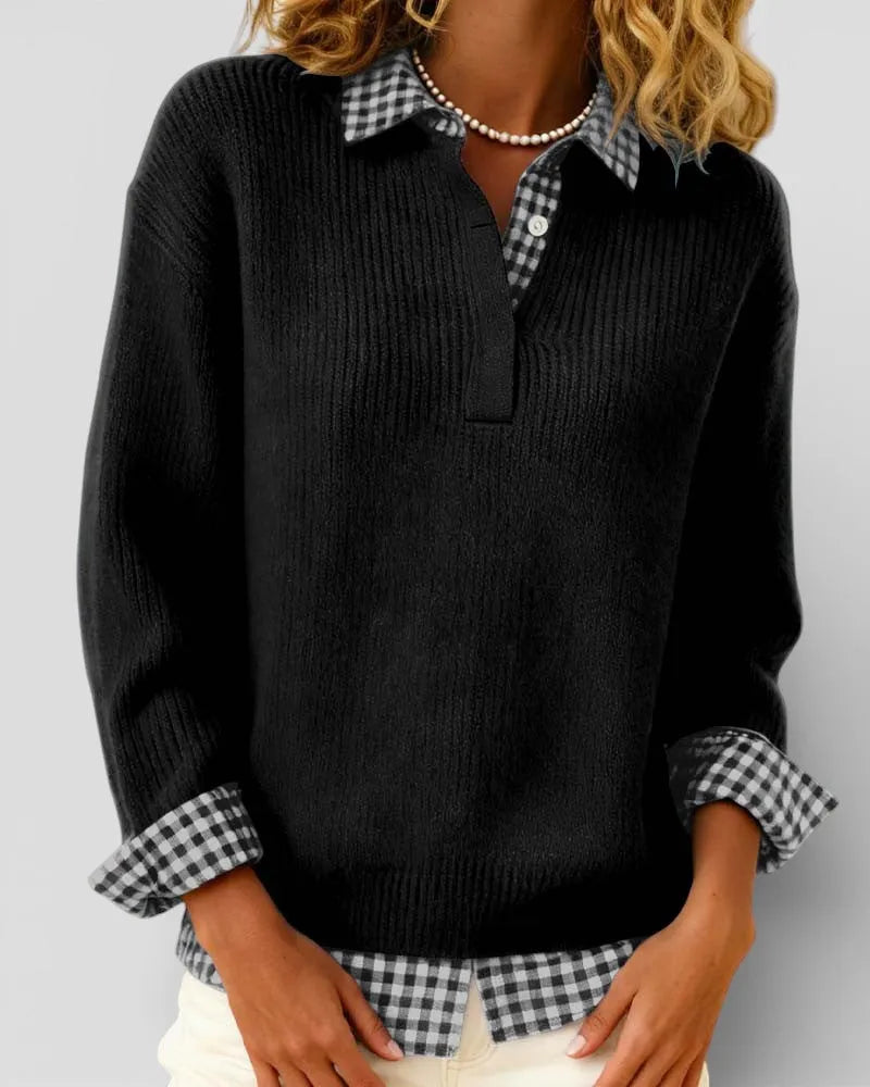 Women's Knit V-Neck Sweater with Plaid Details