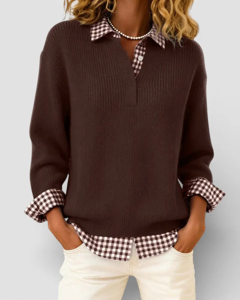 Women's Knit V-Neck Sweater with Plaid Details