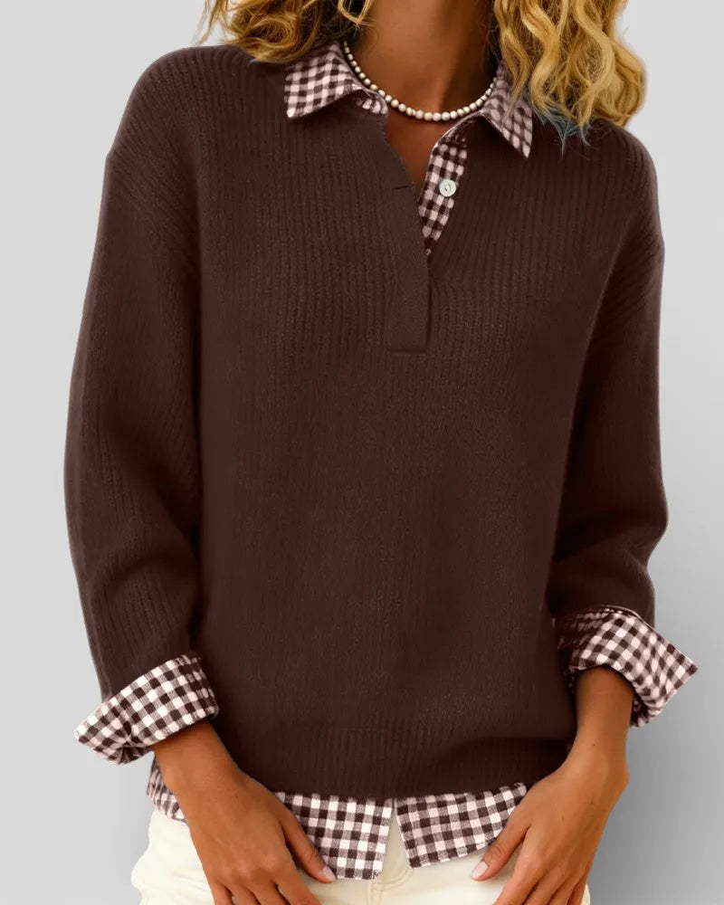 Women's Knit V-Neck Sweater with Plaid Details