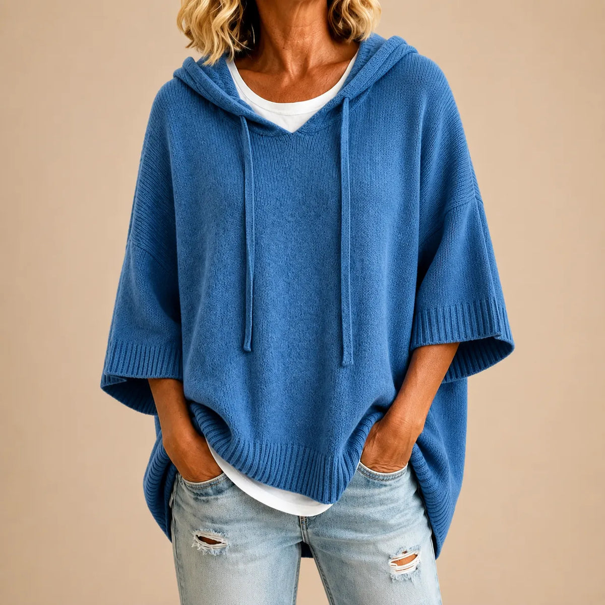 Women's Knitted Hooded Poncho with Three-Quarter Sleeves