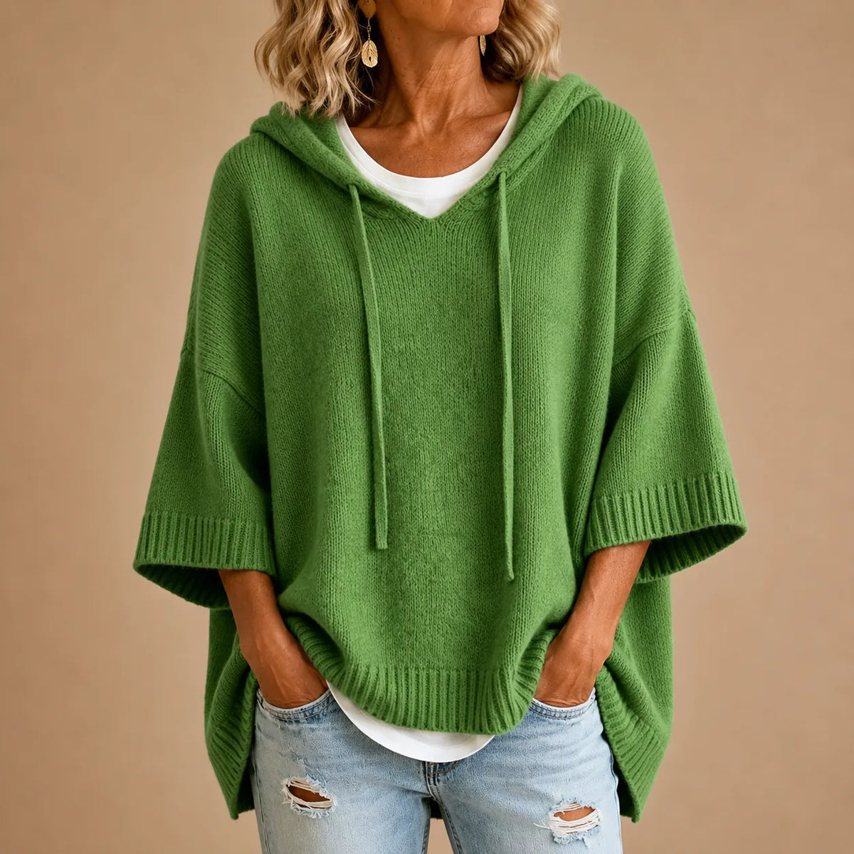 Women's Knitted Hooded Poncho with Three-Quarter Sleeves