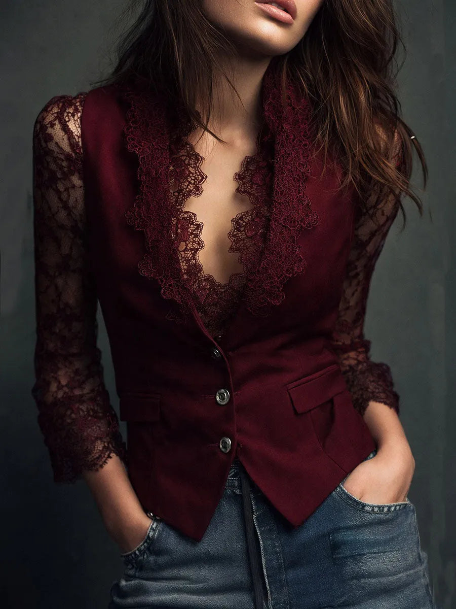 Women's Lace Trim Blazer Blouse for Elegant Evening Wear