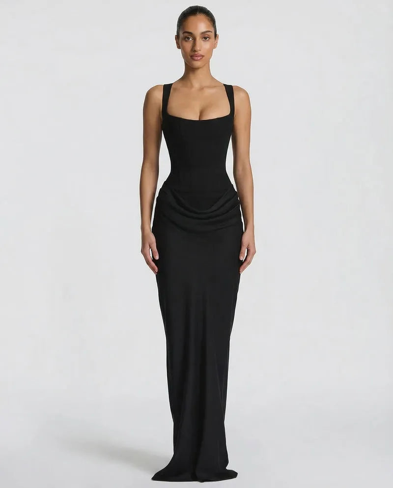 Women's Lace-Up Corset Maxi Dress with Pleated Skirt