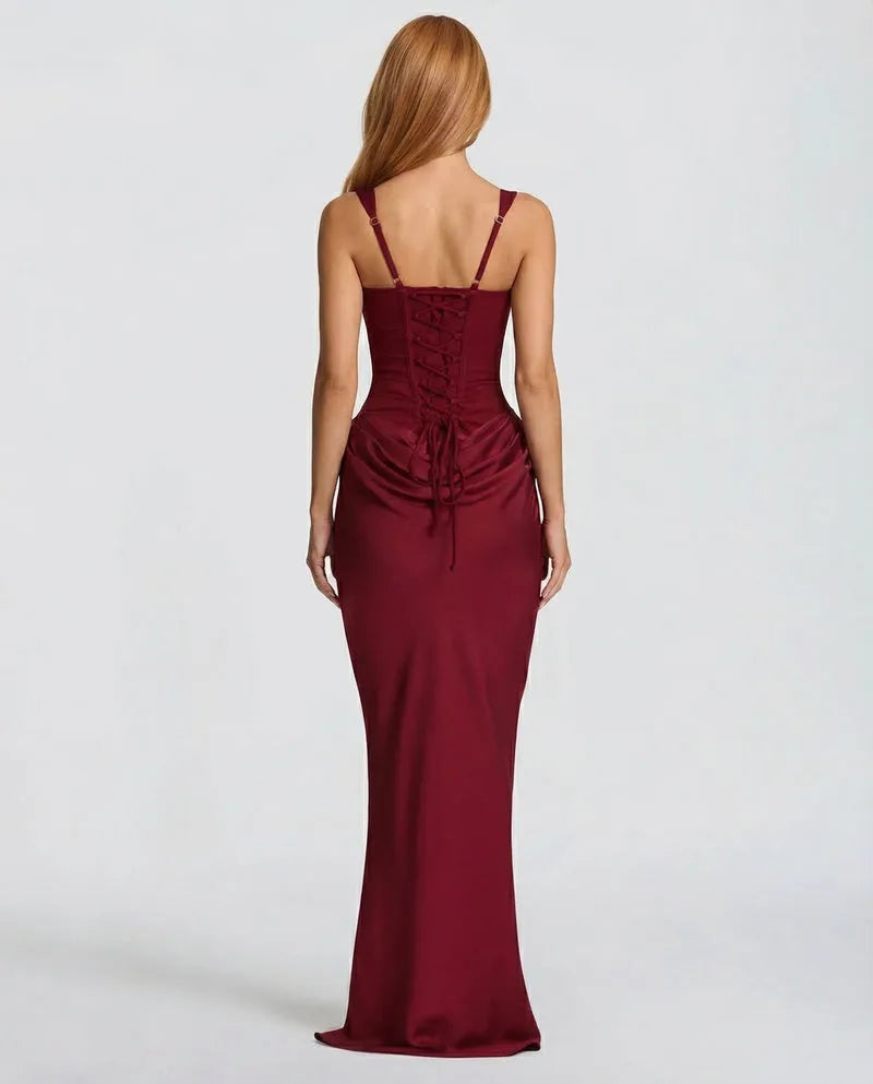 Women's Lace-Up Corset Maxi Dress with Pleated Skirt