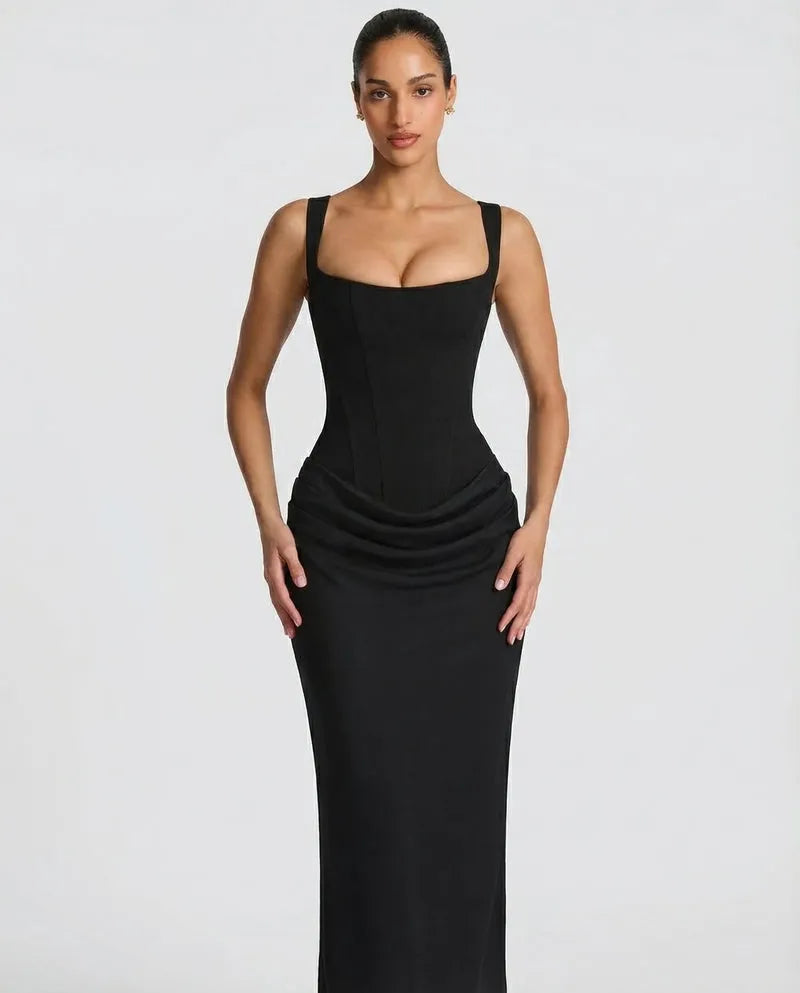 Women's Lace-Up Corset Maxi Dress with Pleated Skirt