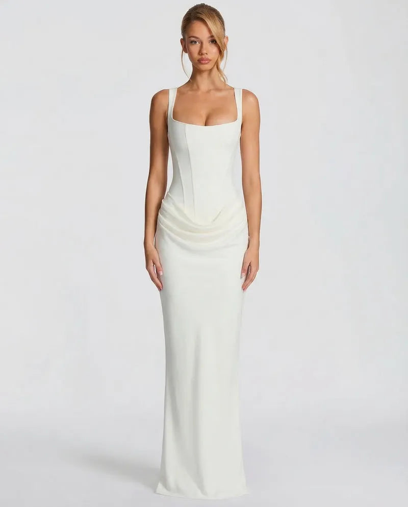 Women's Lace-Up Corset Maxi Dress with Pleated Skirt