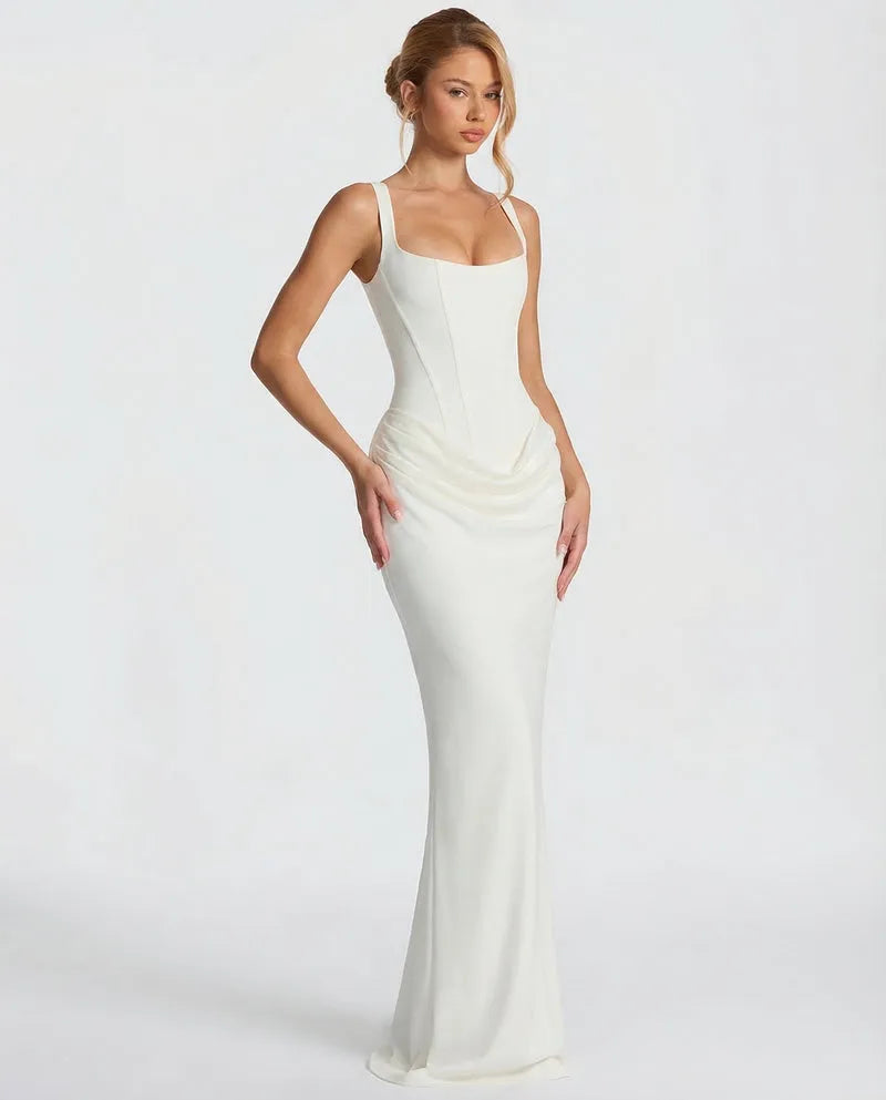 Women's Lace-Up Corset Maxi Dress with Pleated Skirt