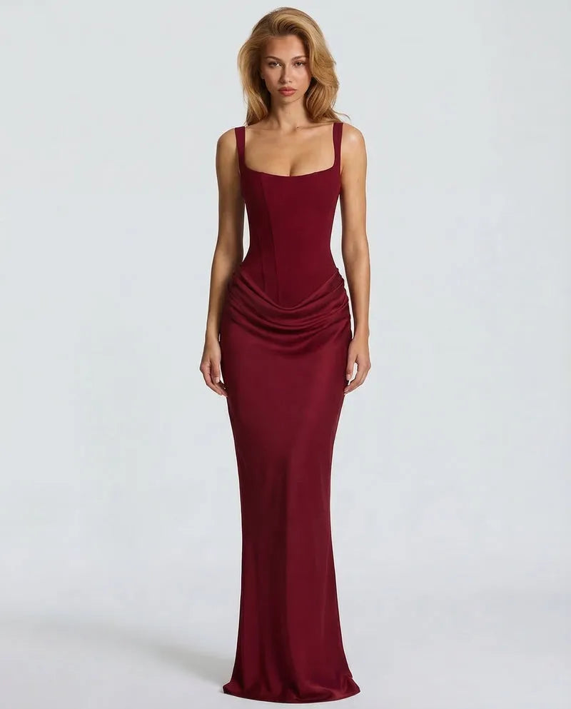 Women's Lace-Up Corset Maxi Dress with Pleated Skirt