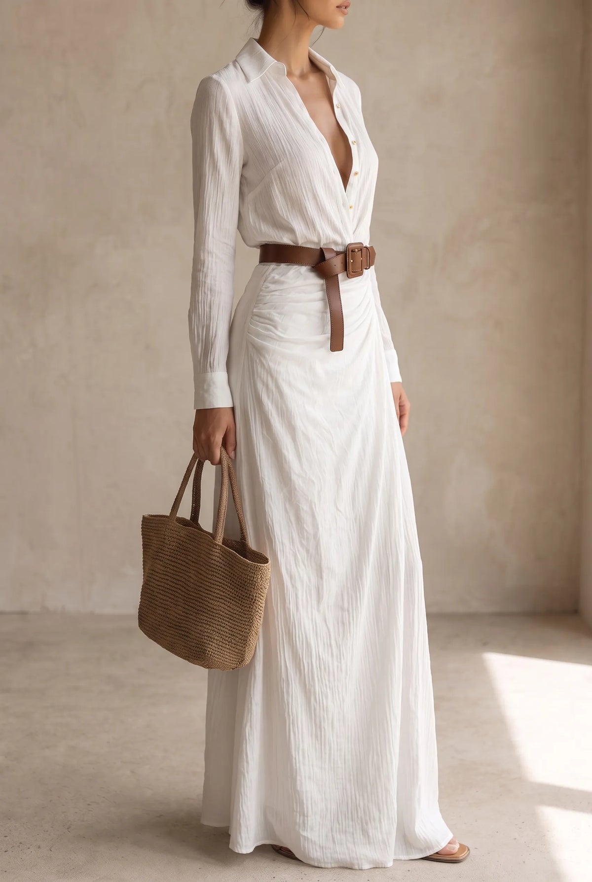 Women's Lapel Collar Button-Down Belted Maxi Dress