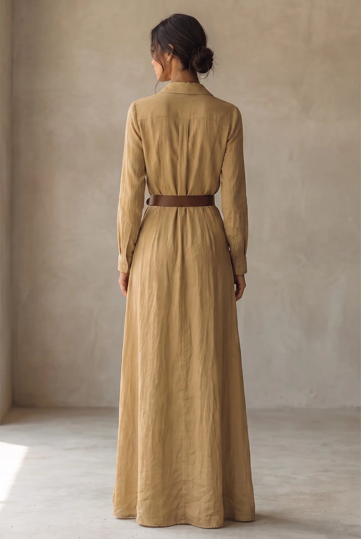 Women's Lapel Collar Button-Down Belted Maxi Dress