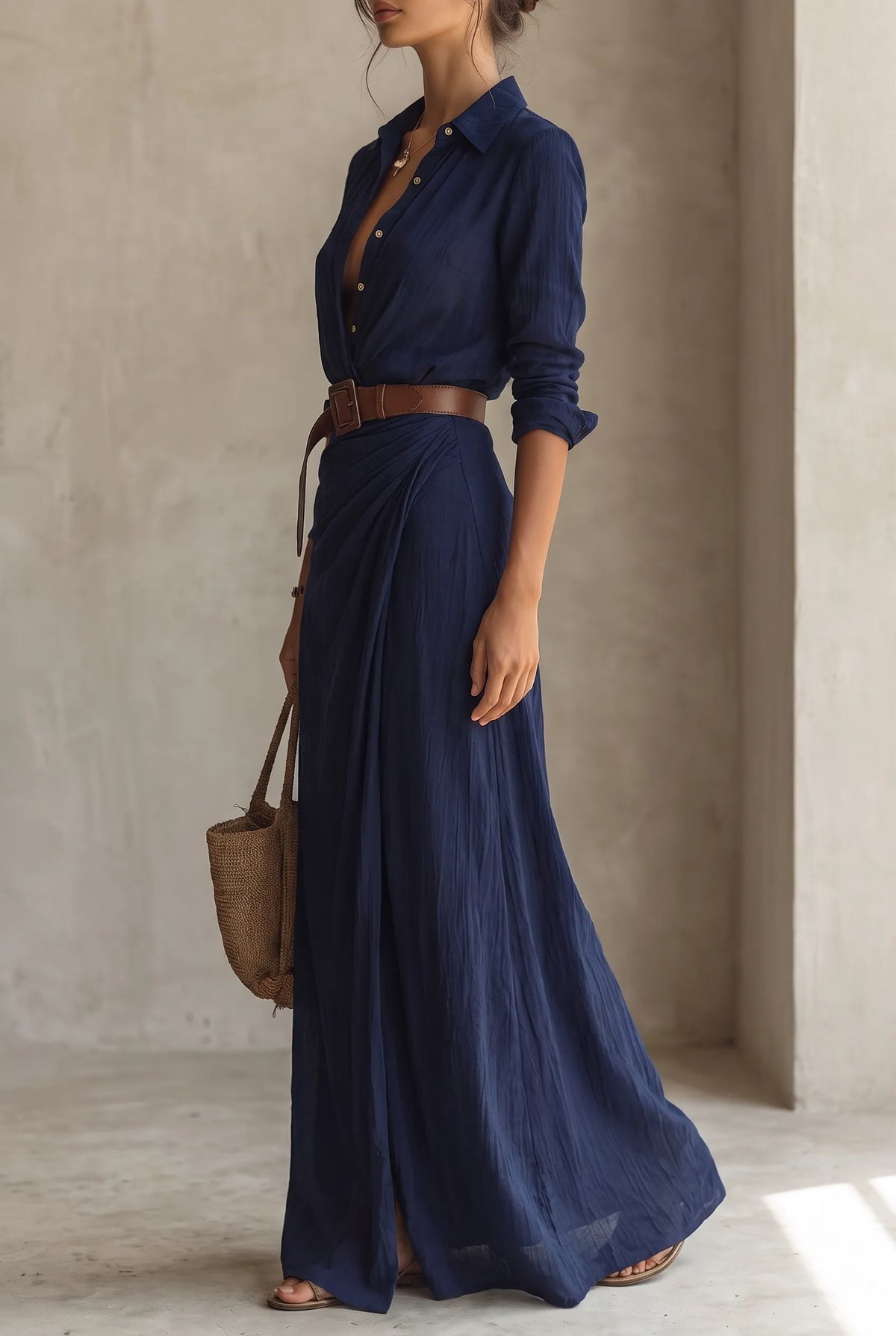 Women's Lapel Collar Button-Down Belted Maxi Dress
