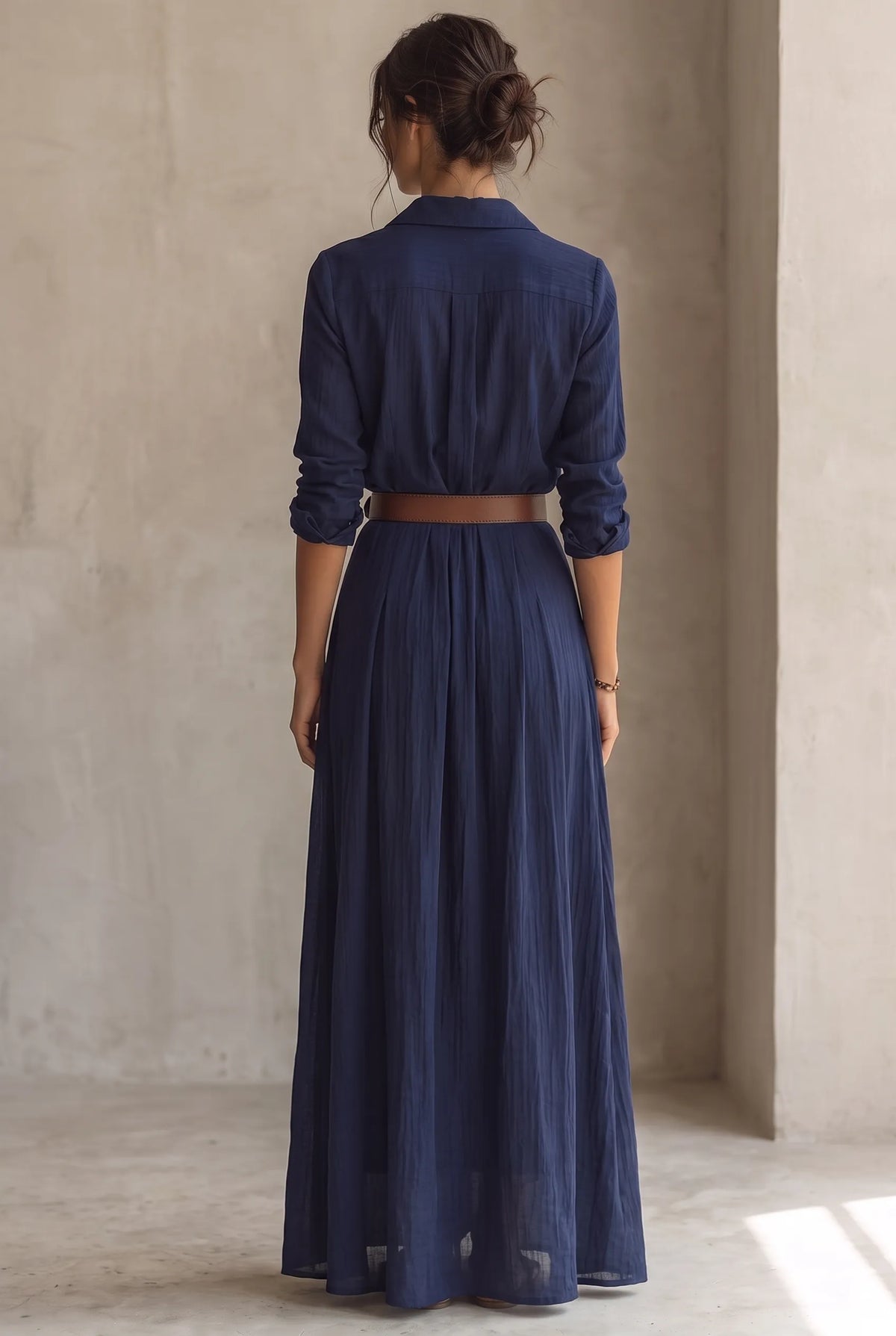 Women's Lapel Collar Button-Down Belted Maxi Dress