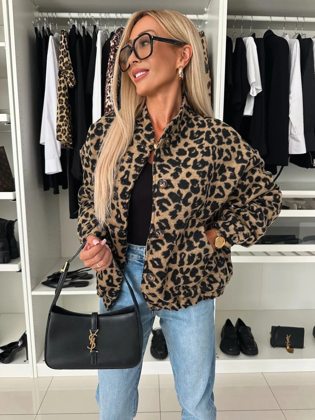 Women's Leopard Print Button-Down Bomber Jacket