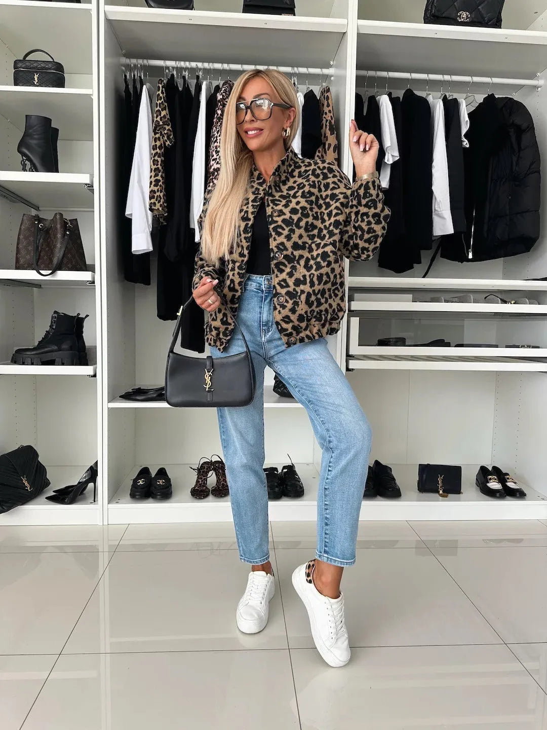 Women's Leopard Print Button-Down Bomber Jacket