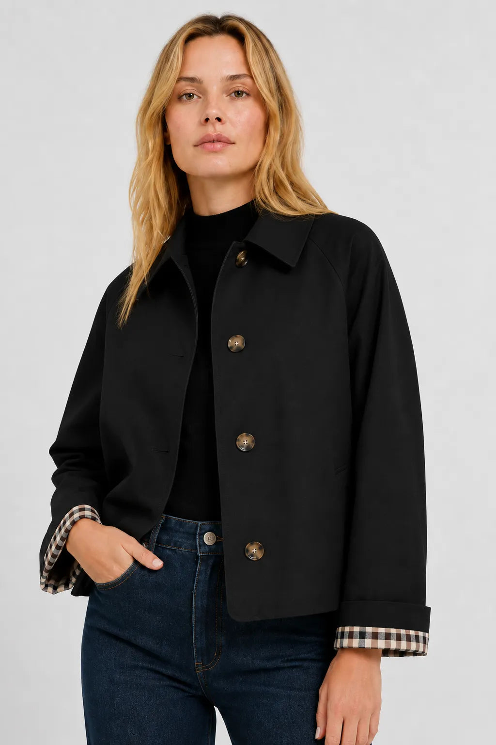 Women's Lightweight Loose Fit Jacket with Gingham Lining